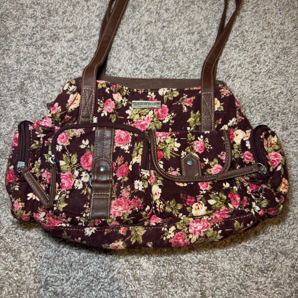 VTG Joe Boxer Shoulder Bag Brown Corduroy Floral Purse Maroon Faux Leather Y2K - Picture 8 of 8